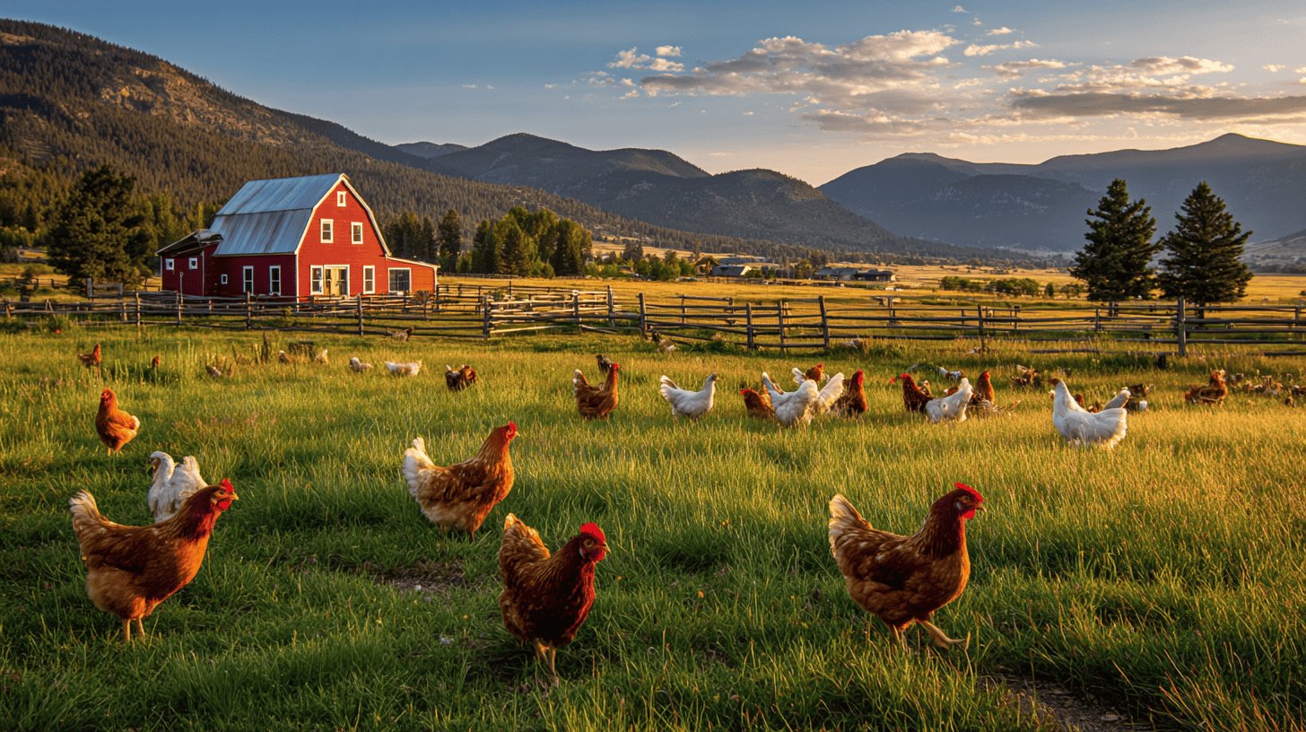 Free-range chickens roaming on Chicken Road organic farm