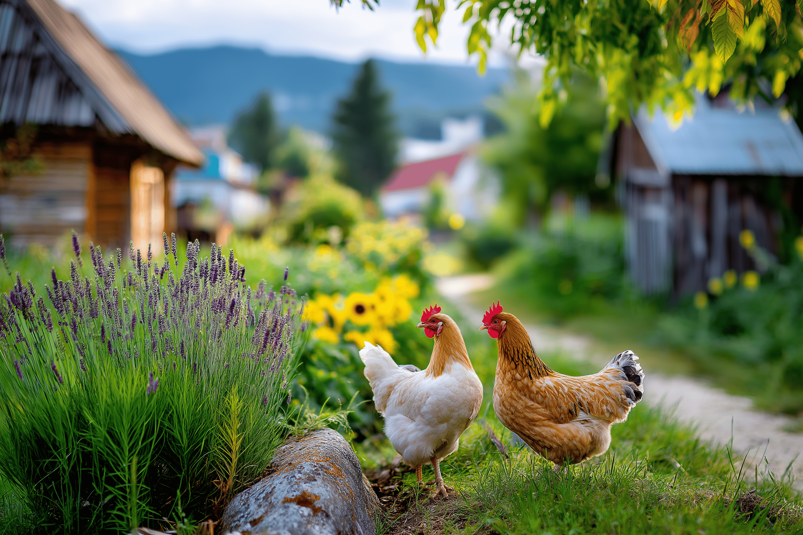 Illustration of chickens on a farm
